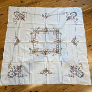 Vintage cross stitch cotton floral embroidered square tablecloth